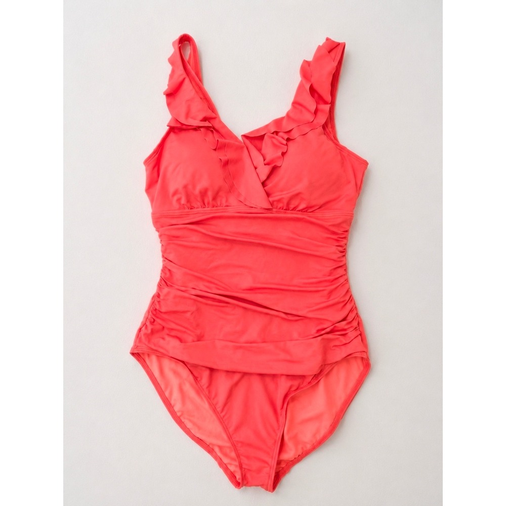 Lauren Ralph Lauren Coral Ruffle One Piece Swimsuit Ruched Tummy Control US 8
